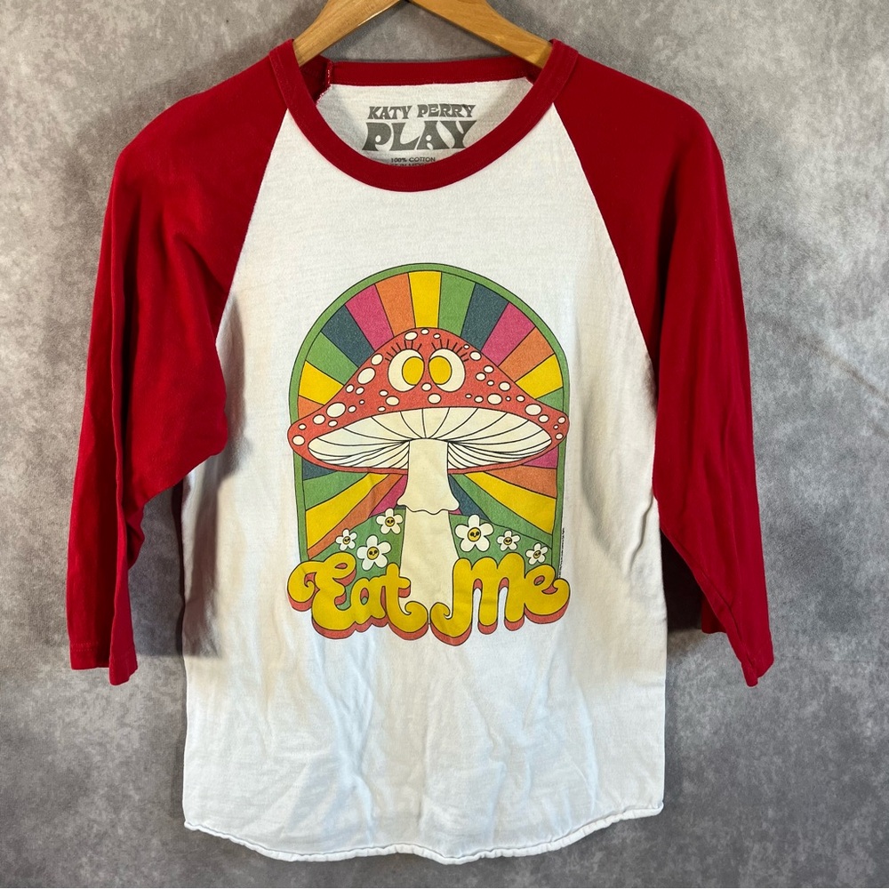 Katy Perry Shirt Mens Small Eat Me Red White Raglan Top Las Vegas Residency Play